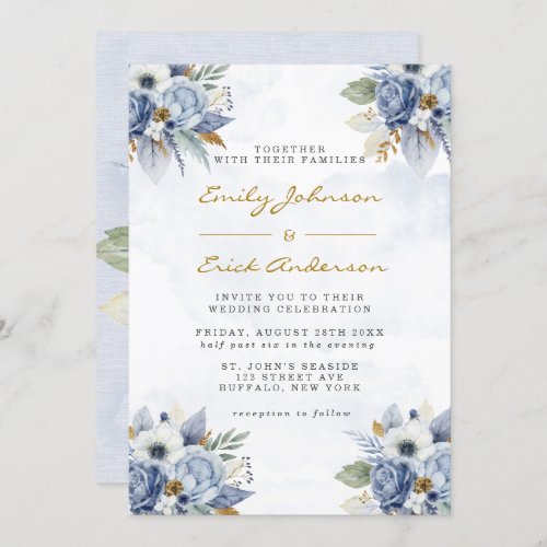 Dusty Navy Blue Gold Watercolor Peony Chic Wedding Invitation
