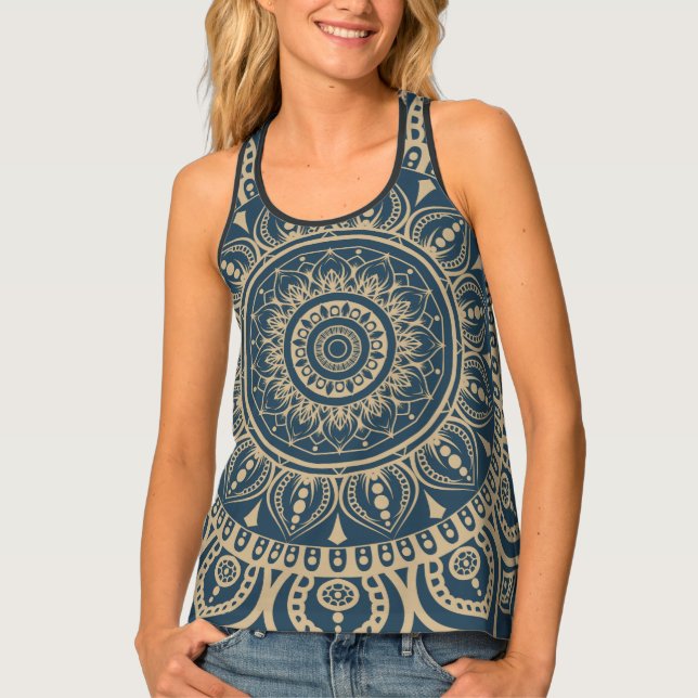Dusty navy blue Mandala matching workout set Tank Top (Front)