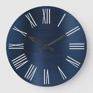 Dusty Navy Blue Ombre Foil White Roman Numeral Large Clock