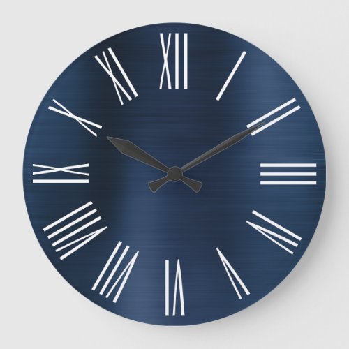 Dusty Navy Blue Ombre Foil White Roman Numeral Large Clock