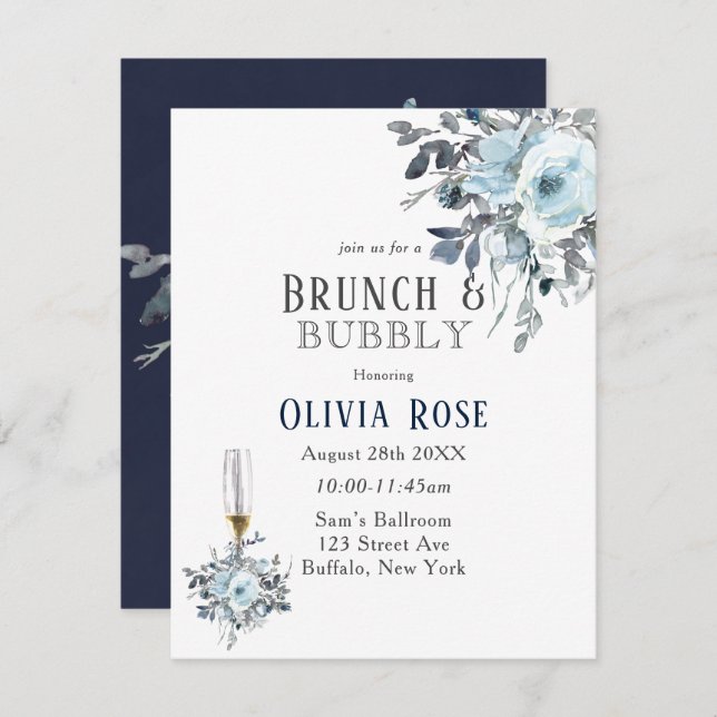 Dusty Navy Blue Peony Brunch & Bubbly Invitation (Front/Back)