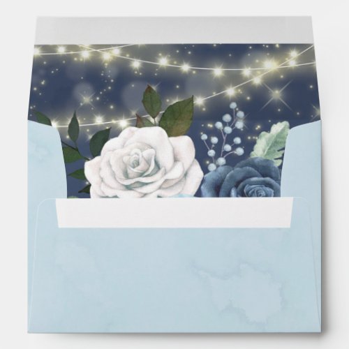 Dusty Navy Blue Peony Country Lights Wedding Envelope