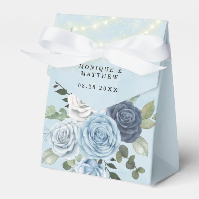 Dusty Navy Blue Peony Country Lights Wedding Favor Boxes (Front Side)