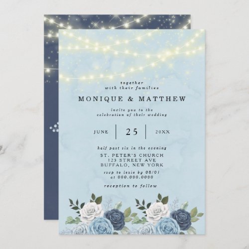 Dusty Navy Blue Peony Country Lights Wedding Invitation