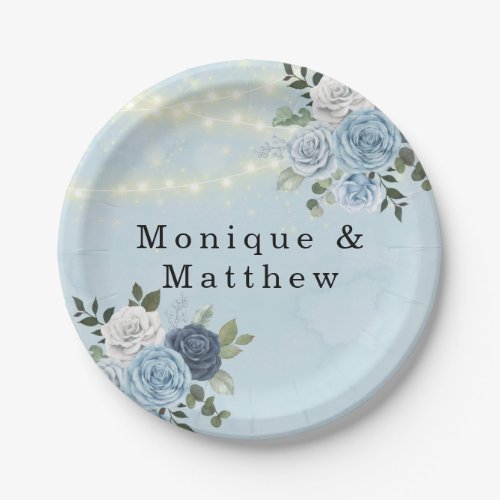 Dusty Navy Blue Peony Country Lights Wedding Paper Plates