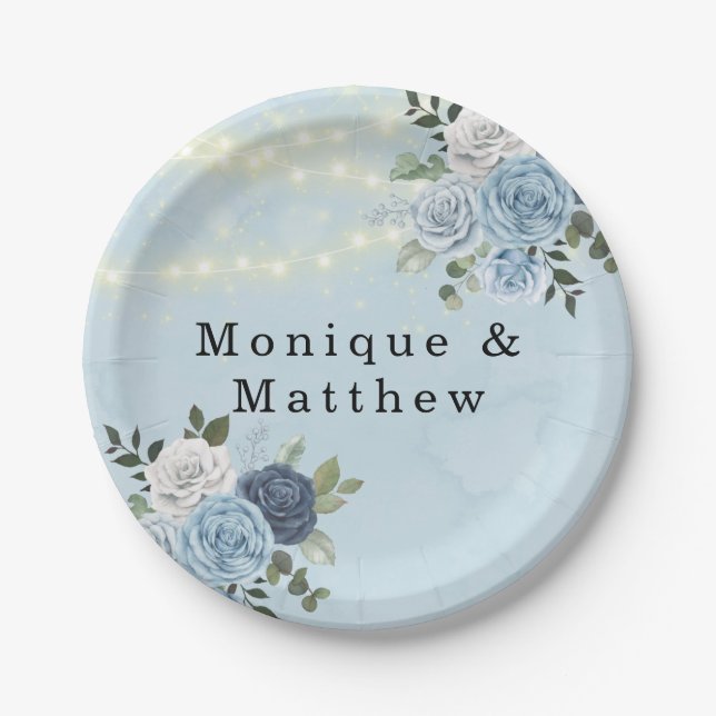 Dusty Navy Blue Peony Country Lights Wedding Paper Plates (Front)