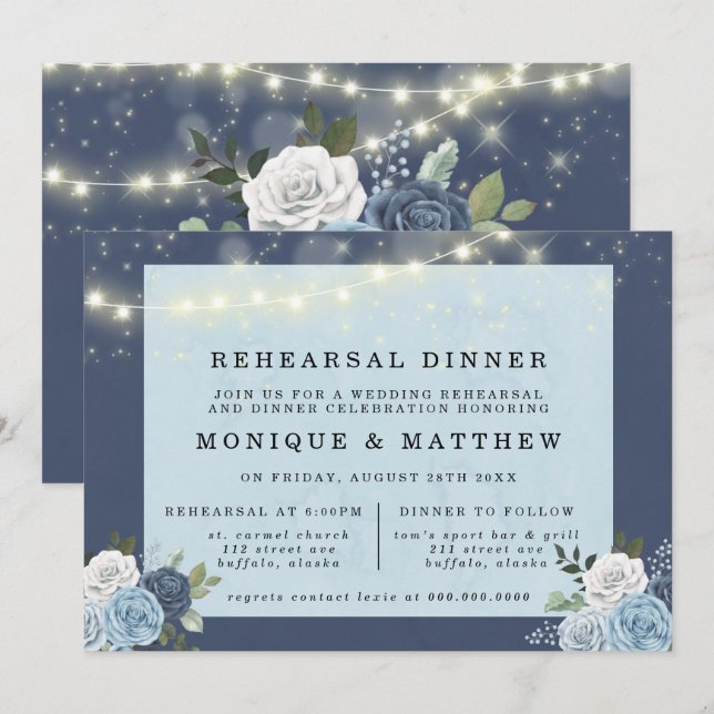Dusty Navy Blue Peony Lights Rehearsal Dinner Invitation (Front/Back)