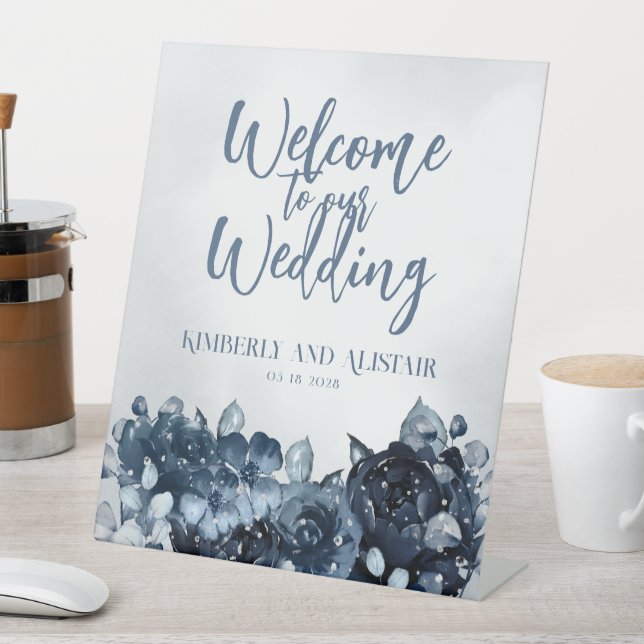 Dusty Navy Blue Peony Welcome To Our Wedding Pedes Pedestal Sign (In SItu)