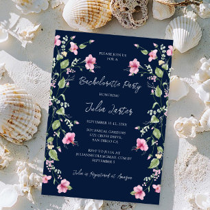 Dusty Navy Blue Pink Hibiscus Bachelorette Party Invitation