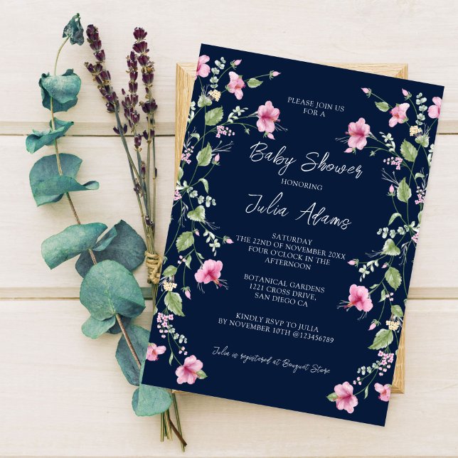 Dusty Navy Blue Pink Hibiscus Bloom Baby Shower Invitation (Creator Uploaded)