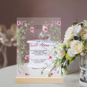 Dusty Navy Blue Pink Hibiscus Bloom Wedding Acrylic Invitations