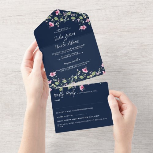 Dusty Navy Blue Pink Hibiscus Bloom Wedding Shower All In One Invitation