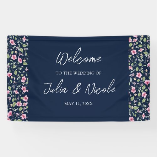 Dusty Navy Blue Pink Hibiscus Bloom Wedding Shower Banner