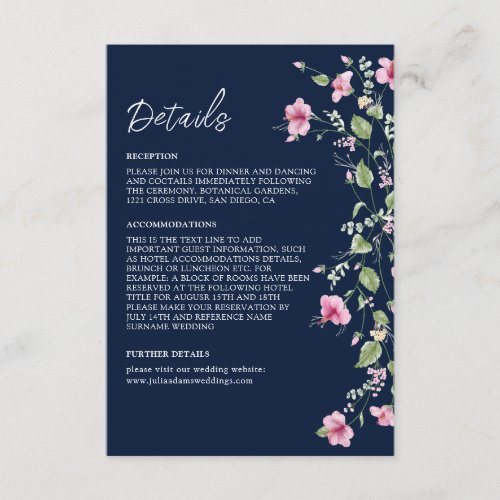 Dusty Navy Blue Pink Hibiscus Bloom Wedding Shower Enclosure Card