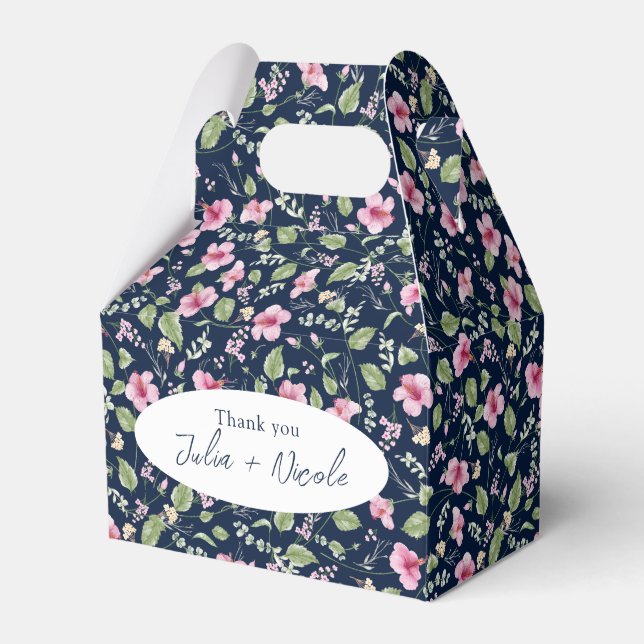 Dusty Navy Blue Pink Hibiscus Bloom Wedding Shower Favor Boxes (Front Side)