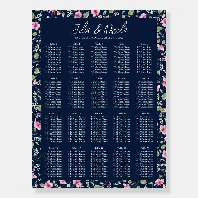 Dusty Navy Blue Pink Hibiscus Bloom Wedding Shower Foam Board (Front)