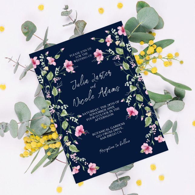 Dusty Navy Blue Pink Hibiscus Bloom Wedding Shower Invitation (Creator Uploaded)