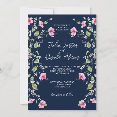 Dusty Navy Blue Pink Hibiscus Bloom Wedding Shower Invitation