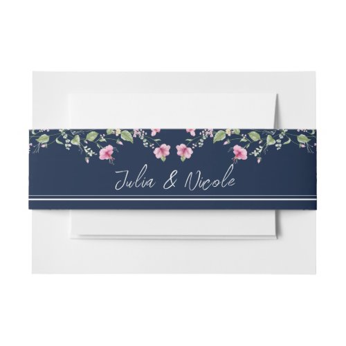 Dusty Navy Blue Pink Hibiscus Bloom Wedding Shower Invitation Belly Band