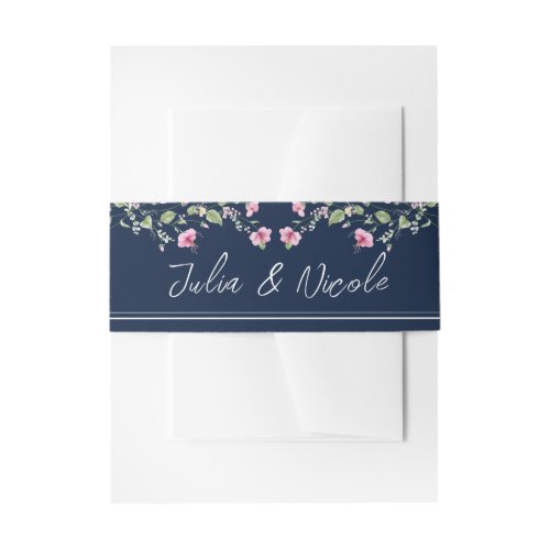 Dusty Navy Blue Pink Hibiscus Bloom Wedding Shower Invitation Belly Band