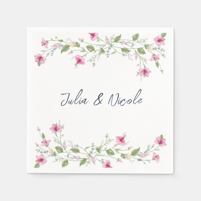 Dusty Navy Blue Pink Hibiscus Bloom Wedding Shower Napkins (Front)
