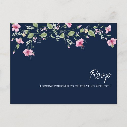 Dusty Navy Blue Pink Hibiscus Bloom Wedding Shower Postcard