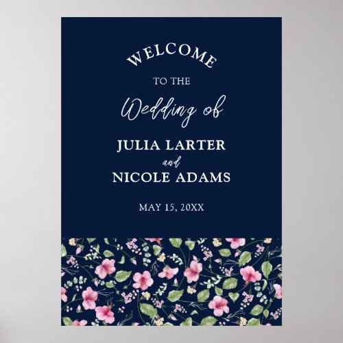 Dusty Navy Blue Pink Hibiscus Bloom Wedding Shower Poster