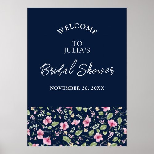 Dusty Navy Blue Pink Hibiscus Bloom Wedding Shower Poster