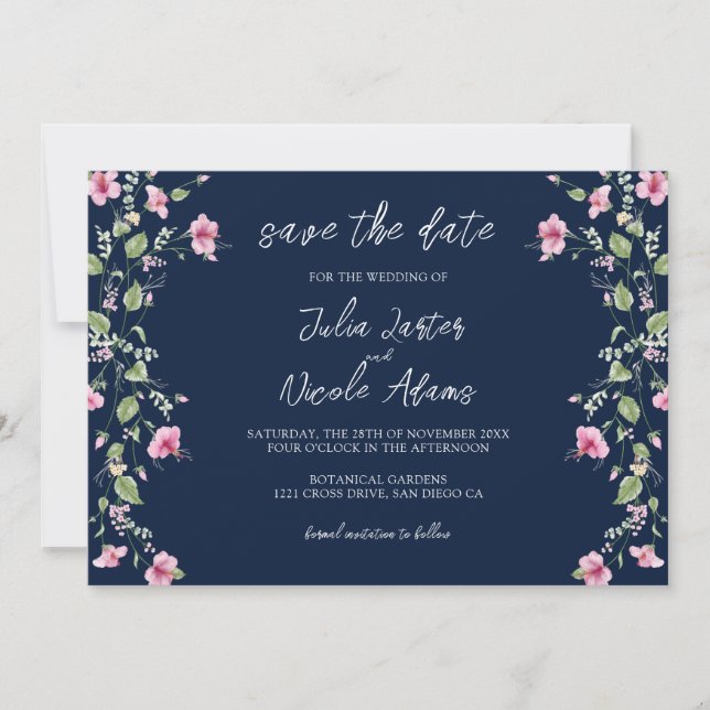 Dusty Navy Blue Pink Hibiscus Bloom Wedding Shower Save The Date (Front)