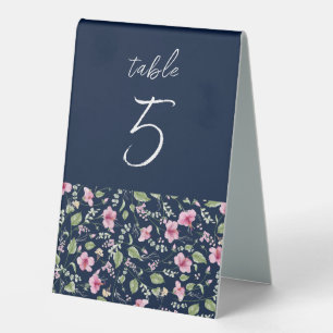 Dusty Navy Blue Pink Hibiscus Bloom Wedding Shower Table Tent