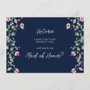 Dusty Navy Blue Pink Hibiscus Bridesmaid Card