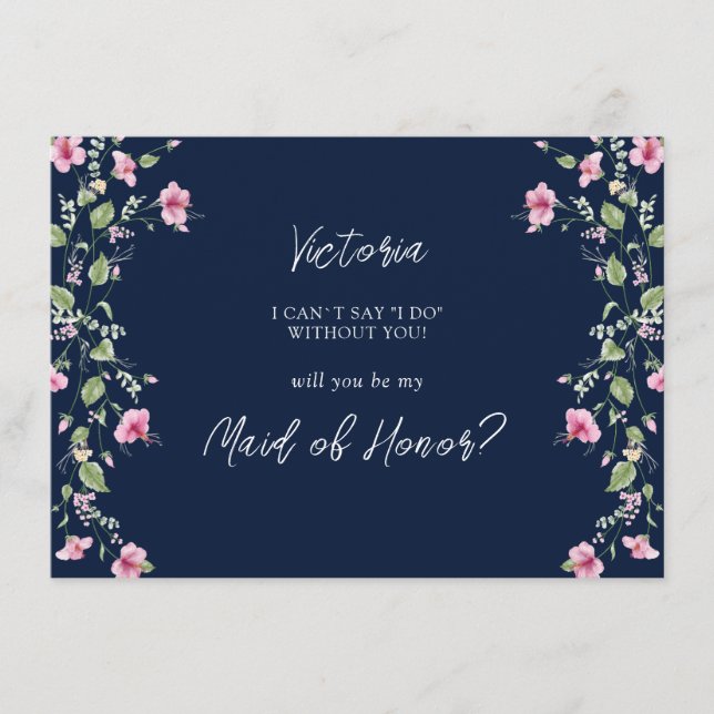 Dusty Navy Blue Pink Hibiscus Bridesmaid Card (Front)