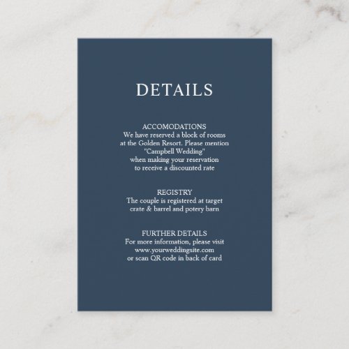 Dusty Navy blue QR code Wedding DETAILS Enclosure Card
