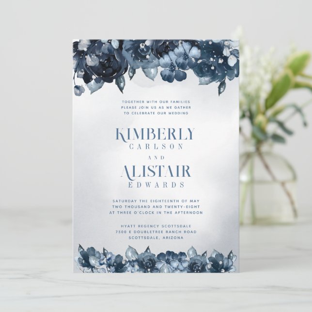 Dusty Navy Blue Silver Wedding Invitation (Standing Front)