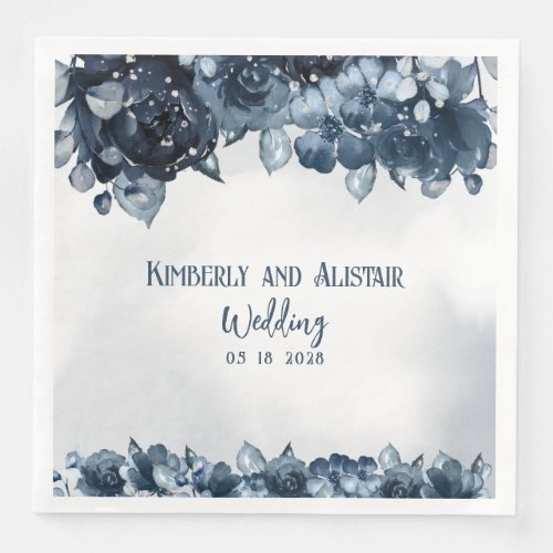 Dusty Navy Blue Silver Wedding Paper Dinner Napkins