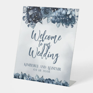Dusty Navy Blue Silver Welcome To Our Wedding Pede Pedestal Sign