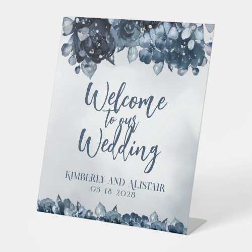 Dusty Navy Blue Silver Welcome To Our Wedding Pede Pedestal Sign