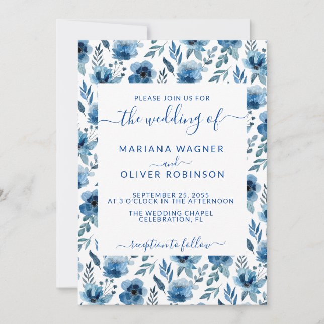 Dusty Navy Blue Simple Floral Elegant Script Invit Invitation (Front)