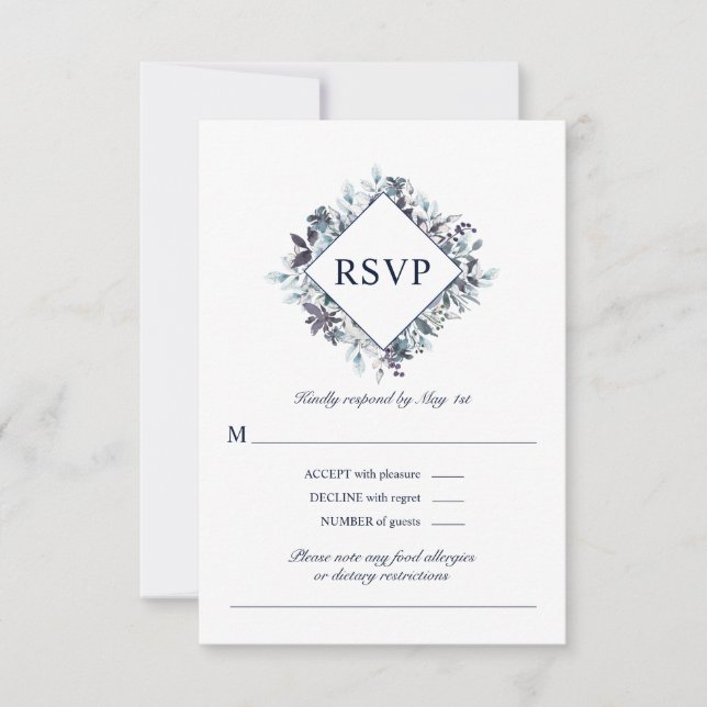 Dusty Navy Blue Watercolor Floral Wedding RSVP Card (Front)