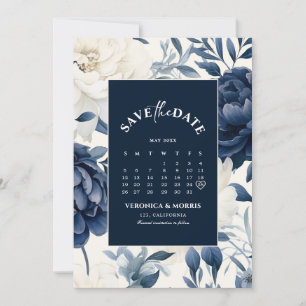 Dusty navy blue & white floral watercolor calendar save the date