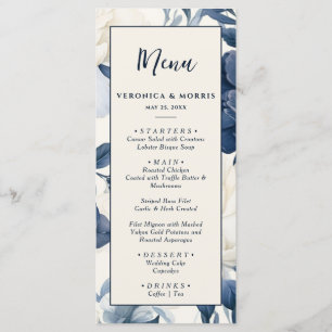 Dusty navy blue & white floral watercolor wedding menu