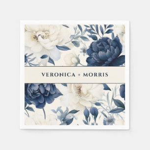 Dusty navy blue & white floral watercolor wedding napkins