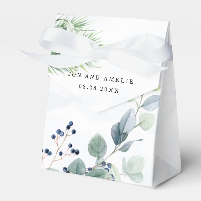 Dusty Navy Eucalyptus Greenery Rustic Wedding Favor Boxes (Front Side)