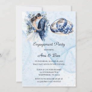 Dusty Navy Ink Floral Rings Engagement Party Invitation