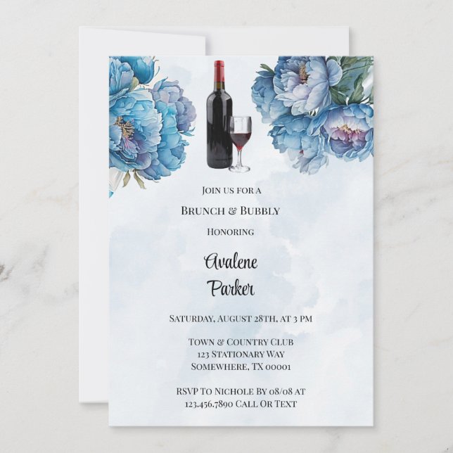 Dusty Navy Paint Peony Brunch & Bubbly Invitation (Front)
