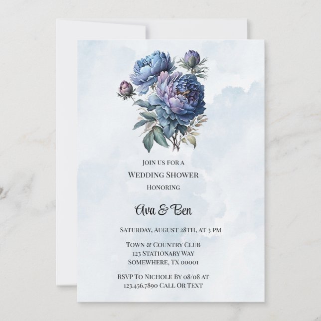Dusty Navy Paint Peony Wedding Shower Invitation (Front)
