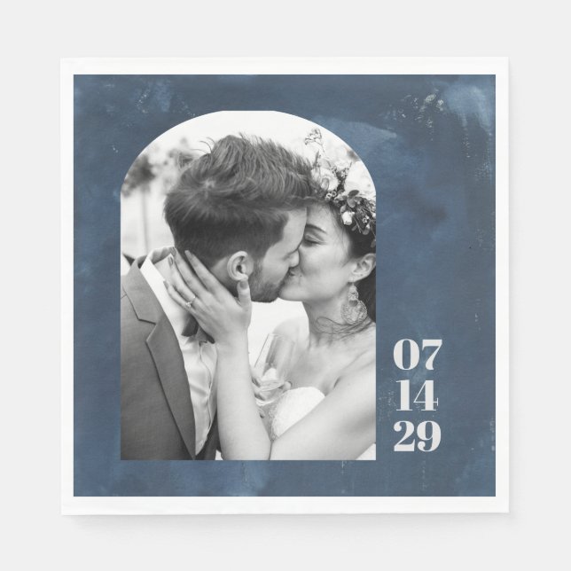 Dusty Navy Photo Arch Wedding Date Personalized Napkins (Front)