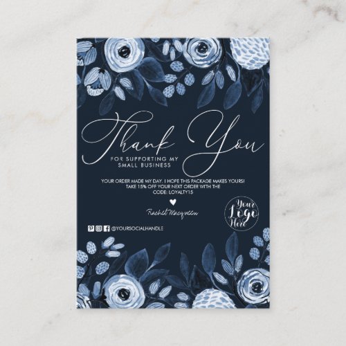 Dusty Navy Watercolor Floral Customer Thank You Business Card