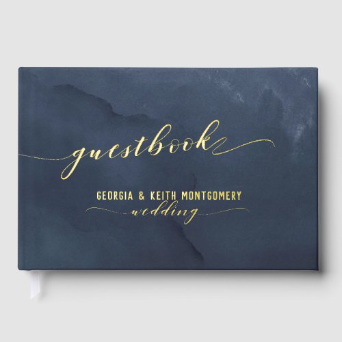 Dusty Navy Watercolor Gold Script Elegant Wedding Foil Guest Book