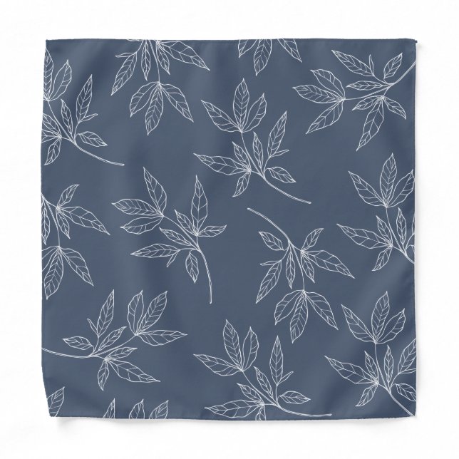 Dusty Navy White Peony Leaf Wedding Pocket Square Bandana (Front)